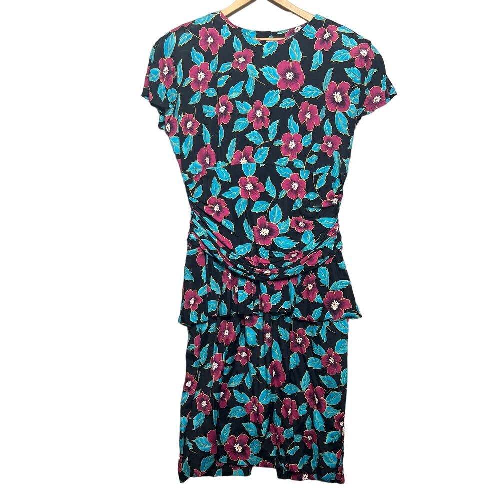 Vintage 80s Floral Peplum Dress Shirred Waist Button Back Size Medium Retro 40s